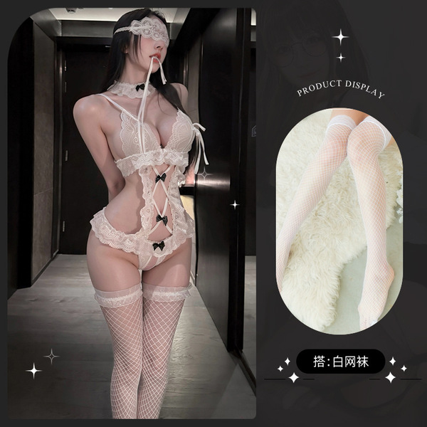 Lemon Story Sexy Lace Bodysuit - Seductive Sheer Open-Crotch Costume for Women, Pure & Tempting Lingerie - 9087 White + White Fishnet Stockings + White Eye Mask