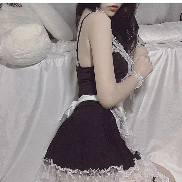 Sexy maid costume for women featuring a black dress with lace details, perfect for role play and at-home fun.