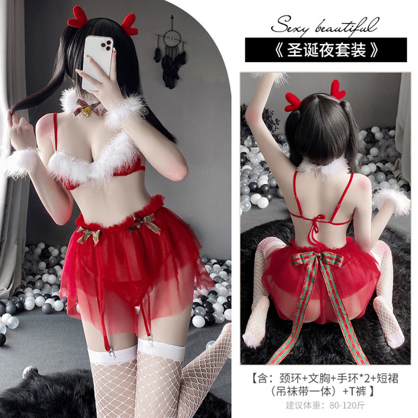 Manyan 2026 New Year Bunny Costume Mesh Bodysuit - Sexy Christmas Lingerie Set for Women - Clearance Sale - 9401 [Bell Necklace + Bra + 2 Bracelets + Mini Skirt and Garterbelt Set + Thong]