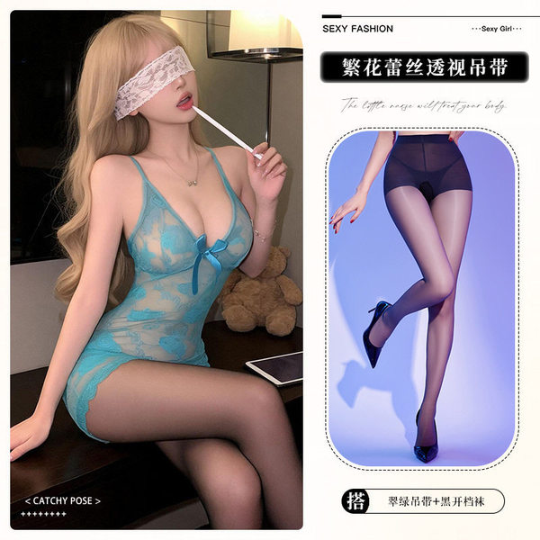 Feitiyu Lingerie Lace Slip Dress - Seductive Sheer Sleepwear for Small Bust Women, No-Remove Bedroom Set - 9408 Emerald Green + Open Crotch Socks