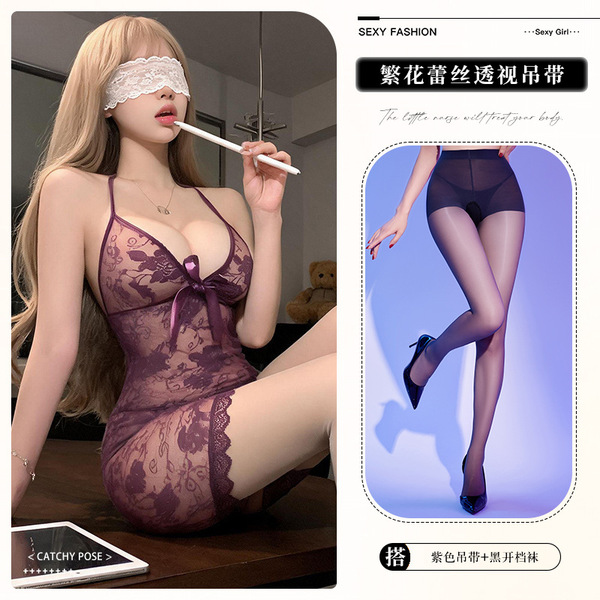 Lemon Story Lace Cami Dress - Pure & Tempting Sheer Sensual Lingerie for Small Bust Women - 9408 Purple + Open Crotch Socks