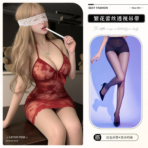 Lemon Story Lace Cami Dress - Pure & Tempting Sheer Sensual Lingerie for Small Bust Women - 9408 Red + Open Crotch Socks