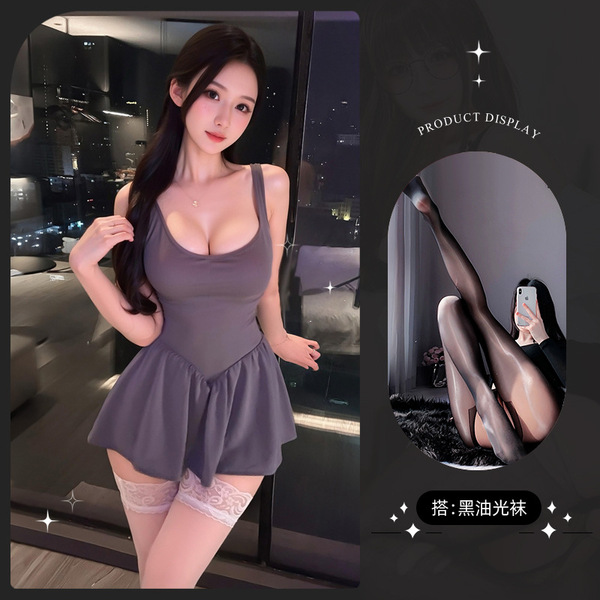 Lemon Story Sexy Sheer Sleep Dress – Cute & Alluring Lace-Trimmed Backless Lounge Set for Women - 9429+ Black oil-stain stockings with open crotch