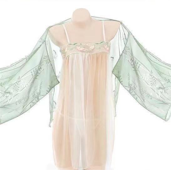 Sheer hanfu-inspired lingerie set with floral embroidered bodysuit, flowing skirt, and matching sheer robe for plus size.