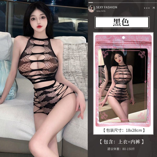 Qingruohan Sexy Lingerie Set - Sheer Mesh Bodycon Thong Bodysuit, Tear-Away Large Size Passion Outfit - black