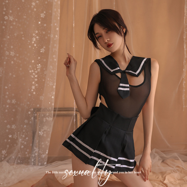 Woman wearing black qiaozhiqing seductive modest lingerie set with schoolgirl jk dress design and matching handcuff accessori...