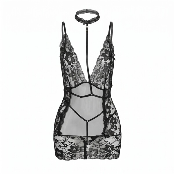 Black deep v lace see-through bodycon lingerie set with floral detailing and matching choker by yese yese.