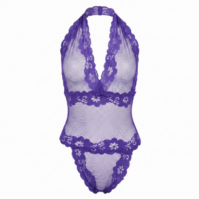 Purple sheer lace bodysuit with floral trim, featuring a halter neck and bodycon fit. seductive mesh lingerie set 9692.