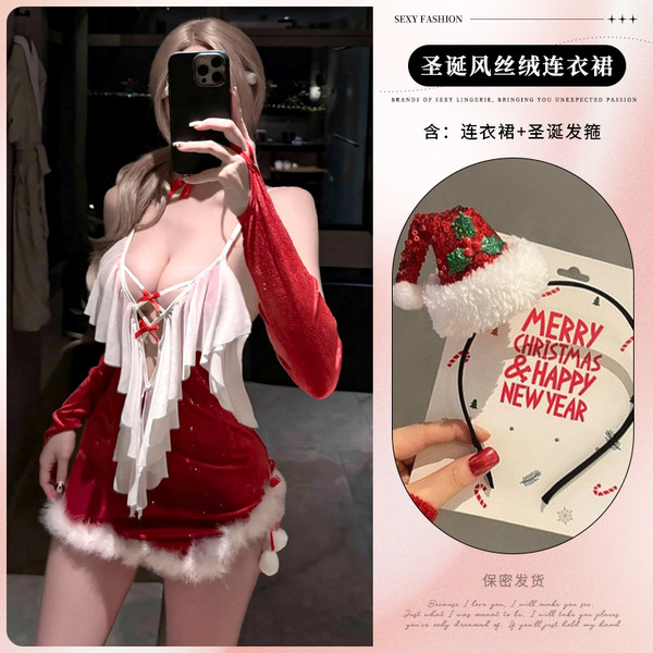 Sexy New Year Lingerie Dress - Plush Strapless Christmas Costume for Role Play & Seductive Outfits - 9806+ Christmas headband