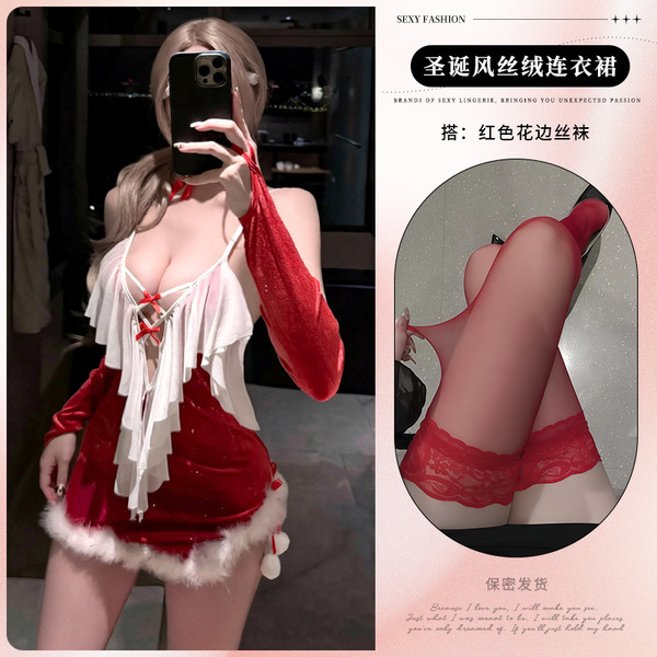Sexy New Year Lingerie Dress - Plush Strapless Christmas Costume for Role Play & Seductive Outfits - 9806+Red Stockings