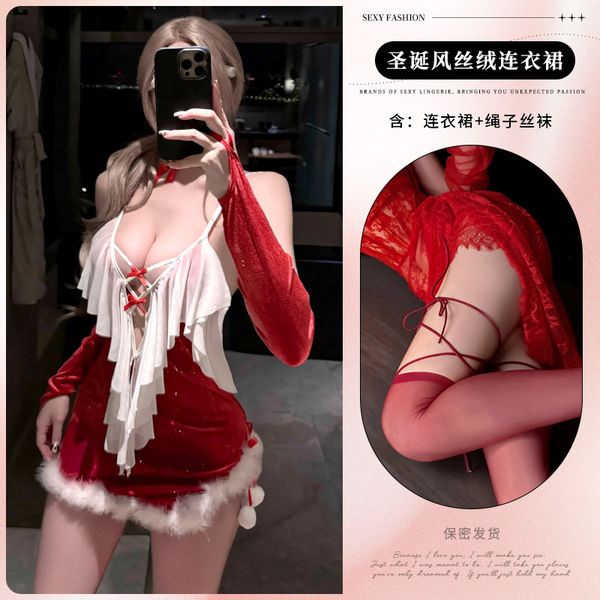 Sexy New Year Lingerie Dress - Plush Strapless Christmas Costume for Role Play & Seductive Outfits - 9806+ Rope Stockings