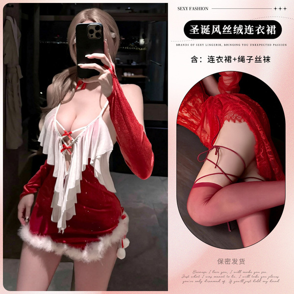 Lemon Tale New Year Lingerie Set - Velvet Christmas Costume Dress with Plush Trim for Women - 9806+ Rope Stockings