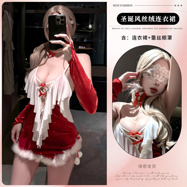 Lemon Tale New Year Lingerie Set - Velvet Christmas Costume Dress with Plush Trim for Women - 9806+ White Eye Mask