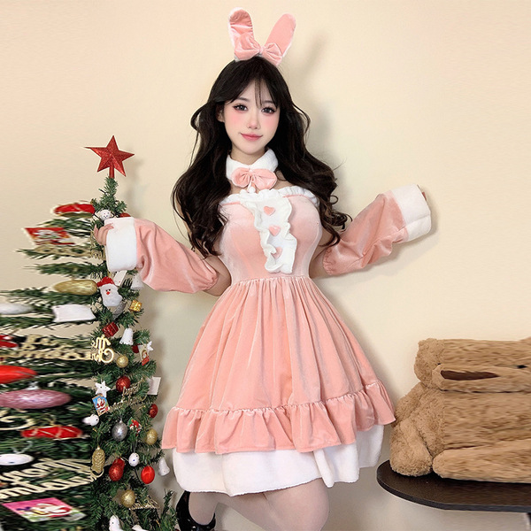 Sexy Christmas Bunny Costume for Women - Festive New Year Cosplay Outfit & Naughty Holiday Lingerie - 9833 Pink [Dress + Sleeves + Bow Tie + Earrings]