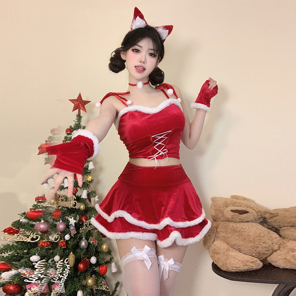 Christmas Cosplay Costume Lingerie Velvet Nightgown Set - Sexy Role Play Sleepwear for New Year Eve - 9835 [Top + Skirt + Gloves + Bow Tie + Earrings]