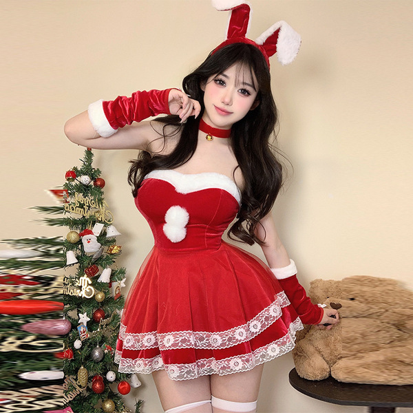 Sexy Christmas Bunny Costume for Women - Festive New Year Cosplay Outfit & Naughty Holiday Lingerie - 9844 Red [Dress + Sleeves + Bow Tie + Earrings]