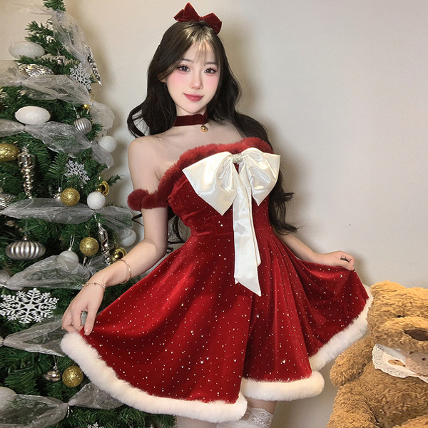 Red Christmas Party Lingerie Set - Sexy Bunny Girl Costume for Holiday Cosplay & New Year's Eve - 9884 [Dress + Choker]