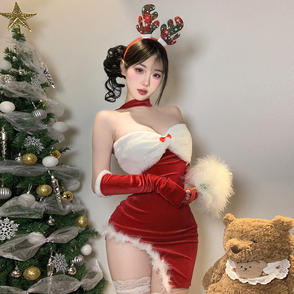 Red Christmas Party Lingerie Set - Sexy Bunny Girl Costume for Holiday Cosplay & New Year's Eve - 9886 [Dress + Sleeves]