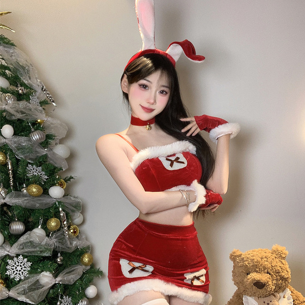 Red Bunny Girl Christmas Outfit - Sexy Holiday Lingerie Set & Pure-Temptation Slip Dress for Women - 9904 Red [Headband + Bandeau Top + Short Skirt + Sleeves]