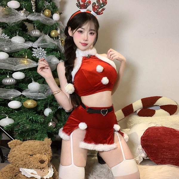 Velvet Bunny Costume Dress - Sexy Mesh Lace Sleepwear for New Year's Eve Party - 9905 [Top + Skirt + Belt]