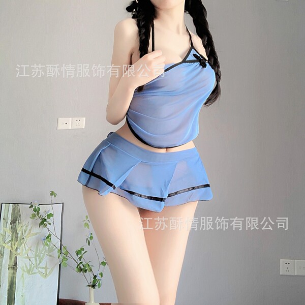 Vintage Chinese-Inspired Lingerie Set – Sheer Silk-Blend Cheongsam-Style Nightwear with Side-Slit Skirt & Embroidered Do - Blue A58