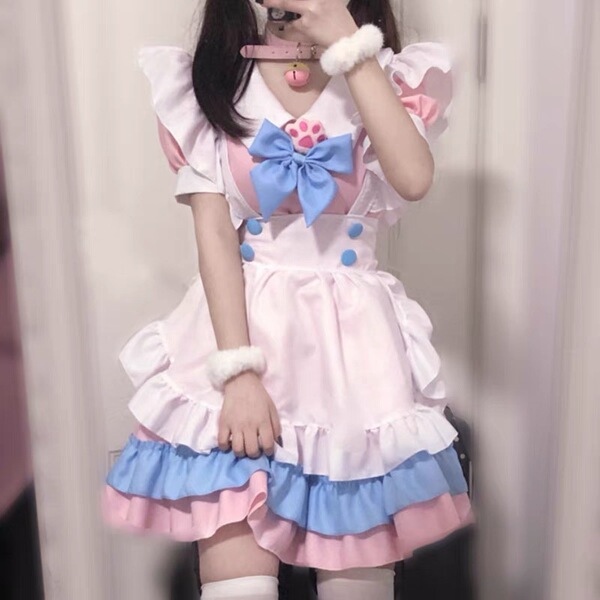 Adorable japanese lolita maid dress featuring cute soft pink and blue colors, perfect for cosplay or daily wear with fluffy d...
