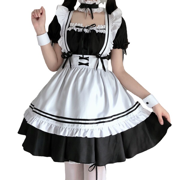 Adorable japanese lolita maid dress featuring soft fabric, ruffled sleeves, and a layered skirt perfect for cosplay or daily ...