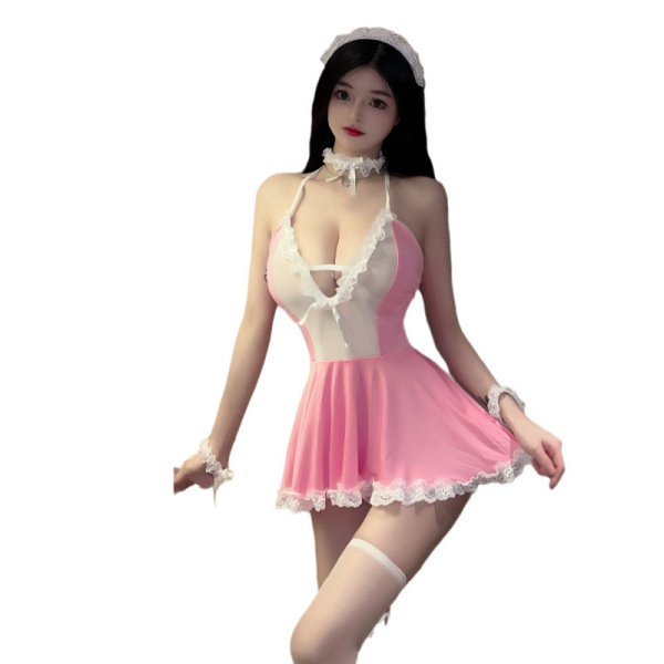 Adorable plus size pink maid lingerie set with lace trim, bustier top, and matching accessories for women.