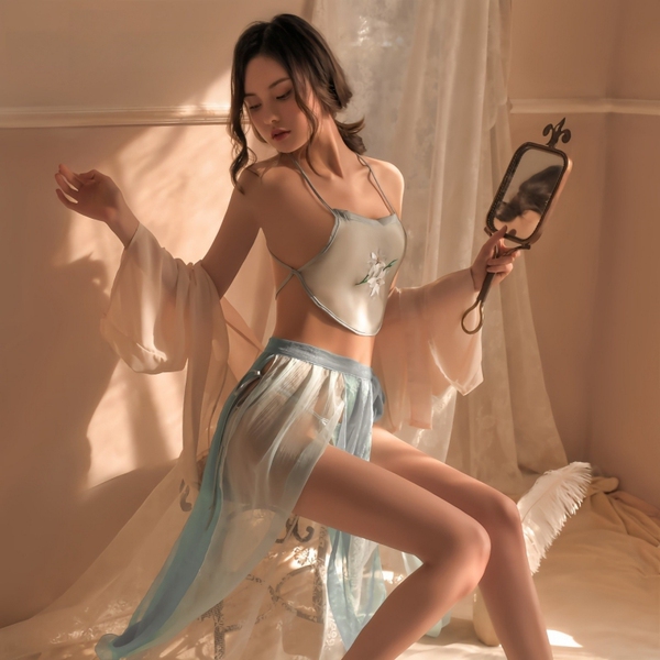 A woman poses elegantly in an aesthetic hanfu-inspired sleep set, featuring a minimalist design perfect for bedroom loungewea...