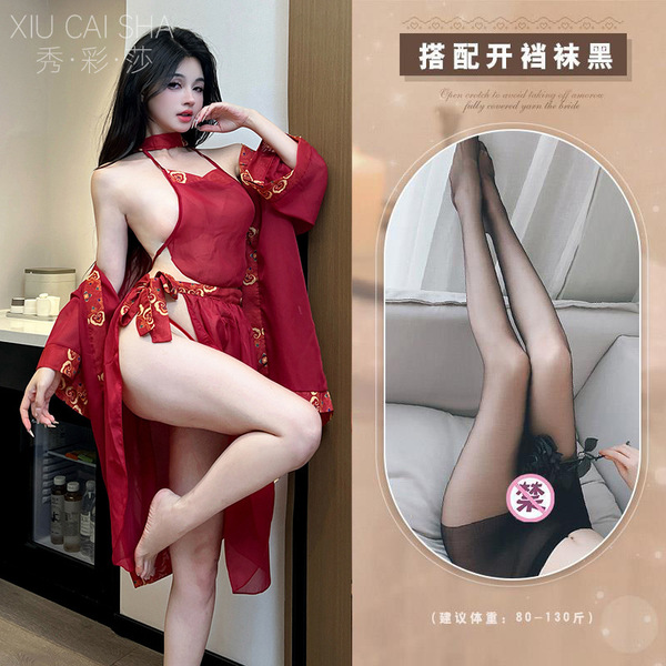 Chinese Style Hanfu Bodice Sleep Dress - Sheer Chiffon Qqny Lingerie Nightgown for Women - Ancient style outfit + black open-crotch stockings