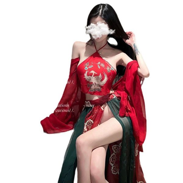 Seductive ancient chinese palace-style lingerie set featuring a detailed bodice and sheer flying skirt with intricate embroid...