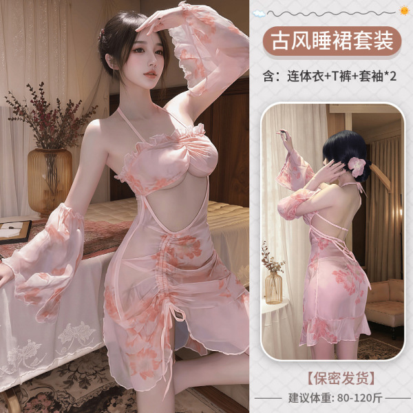 Floral Moonlight Sensual Transparent Backless Chemise - Sexy Sheer Sleep Dress with Side Slit, No-Remove Lingerie - Antique-style nightgown set + white stockings
