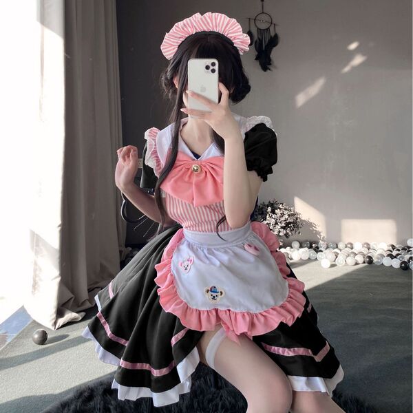 Anime maid costume featuring a cute lolita dress with pink accents, perfect for halloween, anime conventions, and role play e...