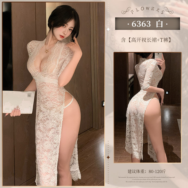 Feimu Plus Size Deep V-Slit Sheer Lace Dress - Seductive See-Through Evening Gown with Butt Exposure - 6976978549879◆Subtle Fragrance◆One Size White【High Slit Long Skirt + T-shirt】