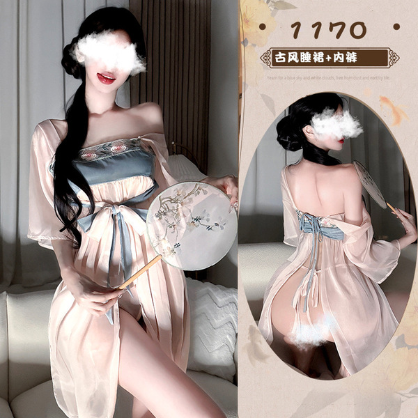 Ancient Chinese Style Lingerie Set - Sheer Chiffon Hanfu Dress with Seductive Palace-style DUDOU for Women - As shown in the figure