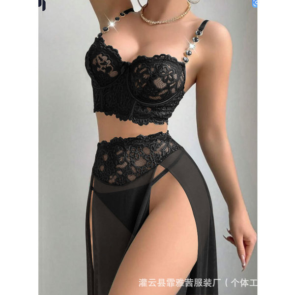 Plus Size Sexy Lace Sheer Chemise - High-Quality Peekaboo Slit Long Slip Dress with Push-Up Straps - B004 Black