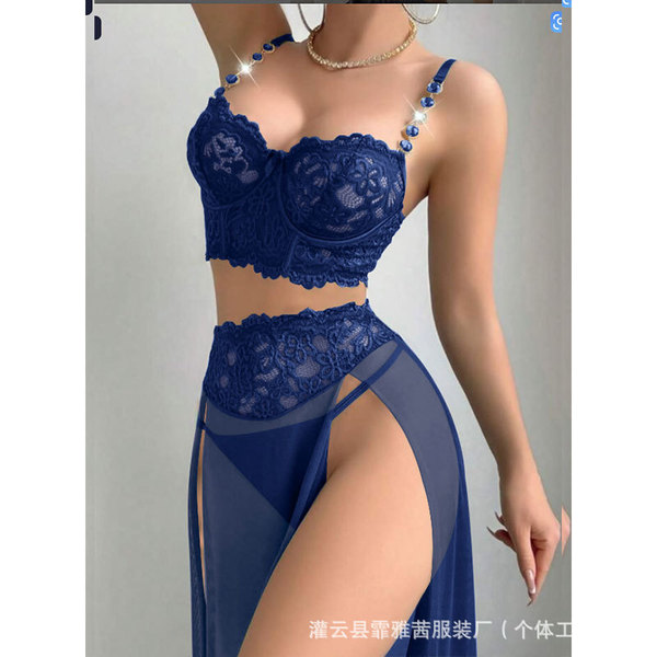 Plus Size Sexy Lace Sheer Chemise - High-Quality Peekaboo Slit Long Slip Dress with Push-Up Straps - B004 Navy Blue