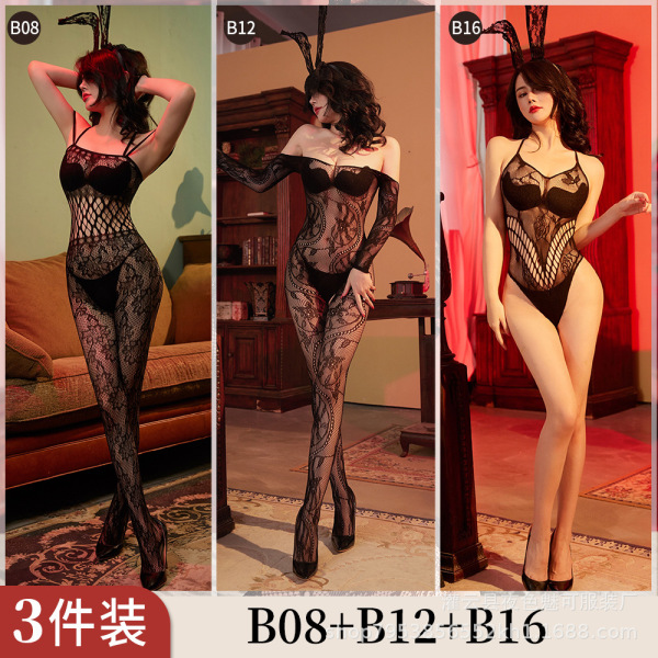 Women's Sexy Lace Mesh Bodysuit with Open-Crotch Design - Elegant European-Style Sheer Tights Set - b08+b12+b16