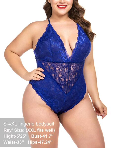 Sensual Lace Deep V-Neck Bodysuit - Sheer Tempting Erotic Lingerie for Bedroom Passion - Royal Blue