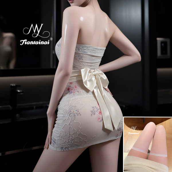 Sexy Lace Bodysuit Set - Embroidered Sheer Kimono Style Outfit with Bodycon Skirt for Women - Beige + white silk
