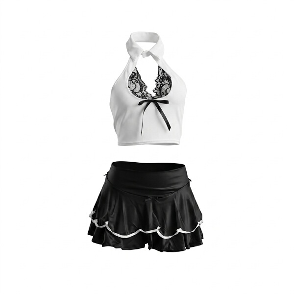 Bird moon lingerie set - seductive backless secretary costume with sheer cut-outs for role play, featuring a halter top and r...