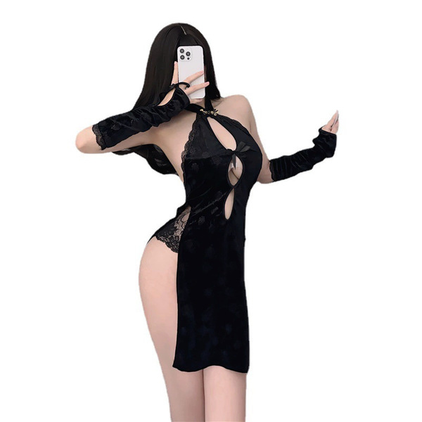 Red Desire Winter Sensual Lingerie Set – Split-Back Vintage-Chic Qipao Loungewear for Women - Black (fan not included)