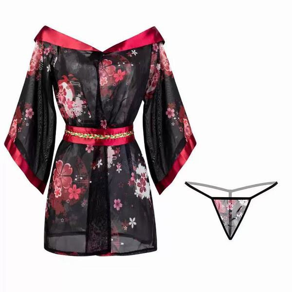 Japanese-Inspired Sheer Kimono-Style One-Shoulder Lingerie Set for Curvy Women - Sexy, No-Remove Design - Black + Thong