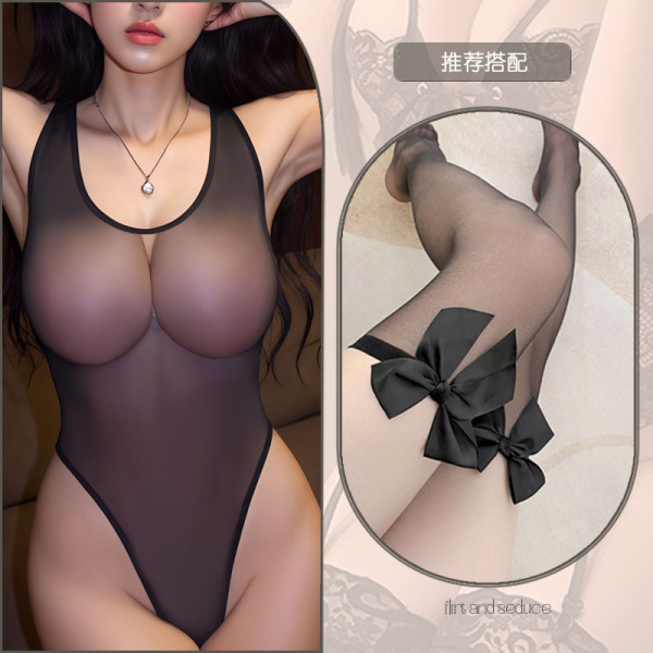 Japanese-Style Sexy Bikini Set - Flirty Open-Crotch Swimwear for Women, Pure Temptation Lingerie - Black stockings with black bow