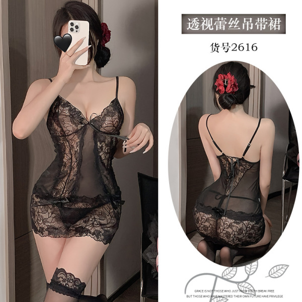 Luxury Pure-Seduction Lace Sleep Dress for Women – Elegant Sheer Babydoll Nightgown with Adjustable Straps - Black + Black Open Crotch Socks