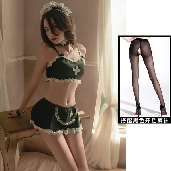 Sexy Maid Lingerie Set - Seductive 3-Piece Sleepwear for Women, Bedroom Roleplay Costume with Pure & Tempting Style - Black and black open-crotch socks