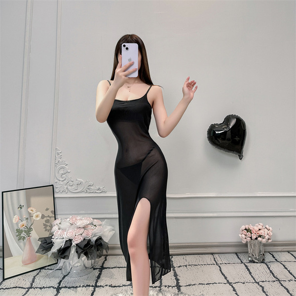Sheer Lace Cami Dress - Sexy Transparent Sleep Dress for Women, Romantic Mesh Nightgown with Side Slit - Black + Black Open Crotch Socks