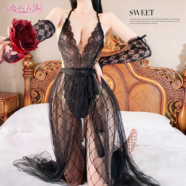 Sexy Lace Deep V Sleep Dress Set – Sheer Mesh Nightgown & Matching Lingerie for Night Out or Midnight Romance - Black + black gloves + black fishnet stockings