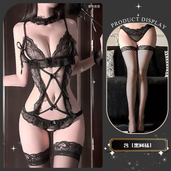 Miyu Sensual Lace Bodysuit - Open-Crotch Maid Costume for Playful Intimacy & Roleplay - Black suit + black fishnet stockings
