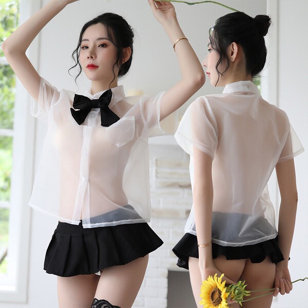 British-Style Lace Teddy Set - Sexy Sheer JK Uniform Skirt with Bow & Pleats, No-Remove Outfit - White and black outfit + black fishnet stockings